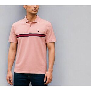Tommy Hilfiger Waffle Knit Striped Golf Polo Shirt in Light Pink MENS Size LG